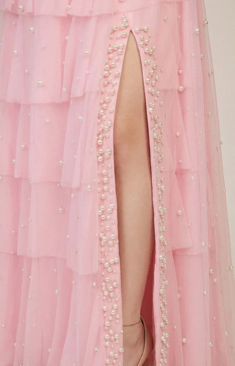 Kim Pink Statement Pearl Strapless Ruffle Maxi Dress - PRE ORDER