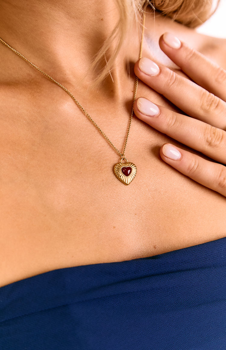 Almost Mine Gold Red Heart Pendant Necklace