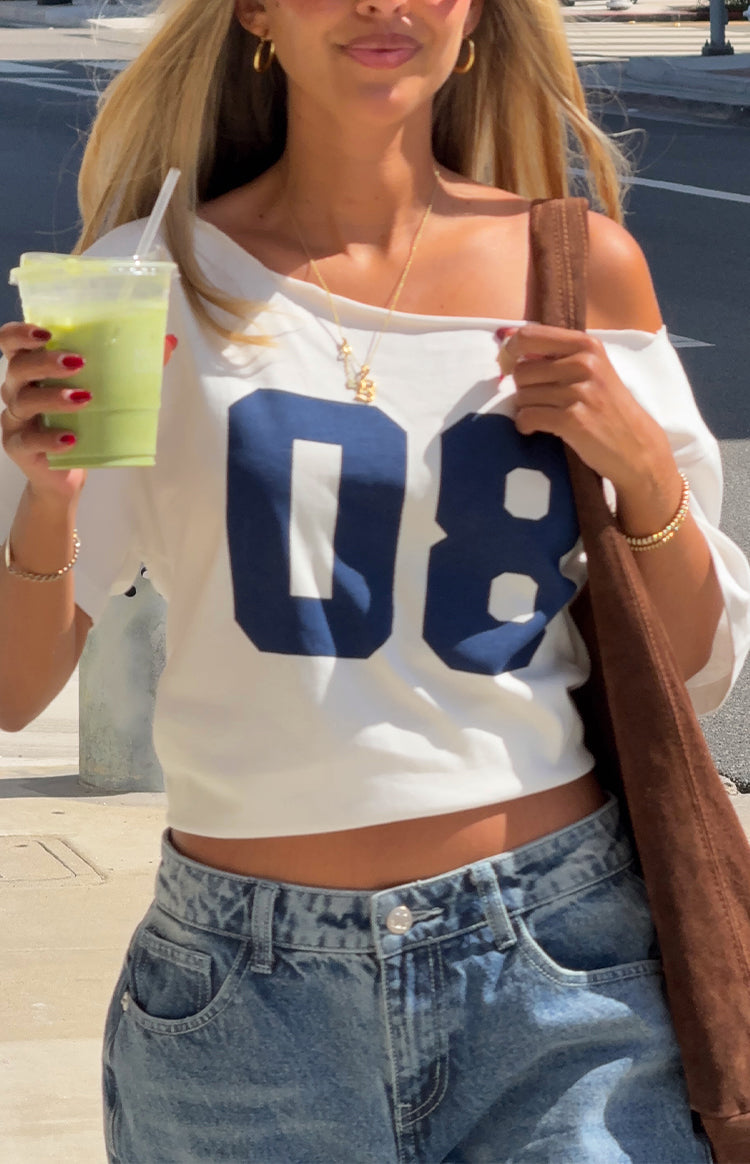 Amelie White Printed Off Shoulder Oversized Tee