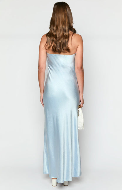 Ariella Blue Satin Strapless Maxi Dress