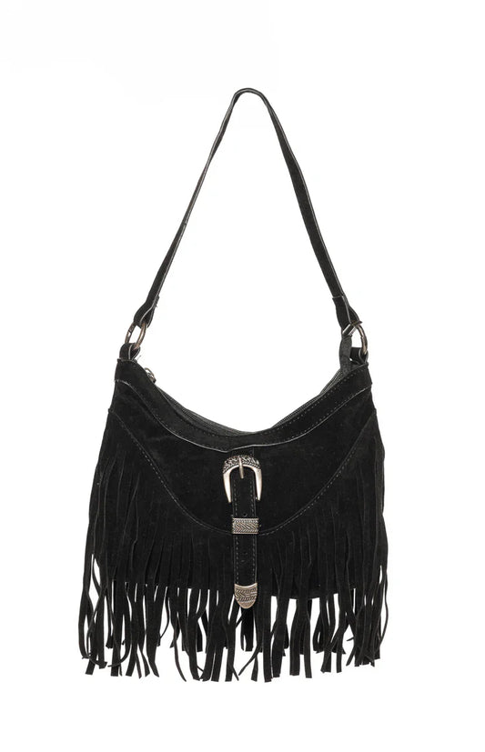 Bailey Black Suedette Silver Buckle Fringe Shoulder Bag