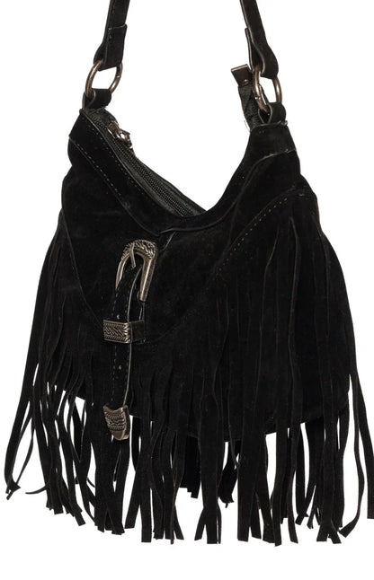 Bailey Black Suedette Silver Buckle Fringe Shoulder Bag
