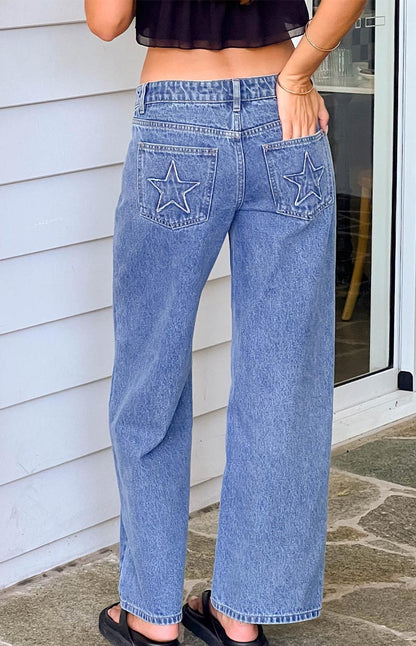 Clara Star Mid Wash Denim Low Rise Jeans