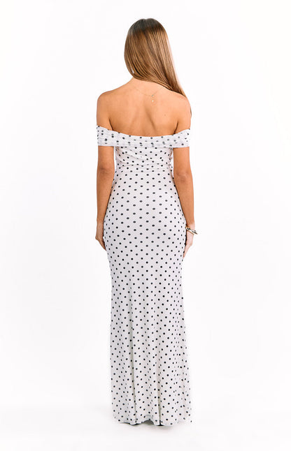 Cole White Polka Mesh Prom Dress