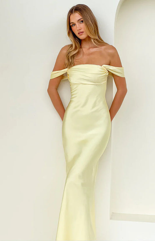 Ella Light Yellow Off Shoulder Formal Maxi Dress