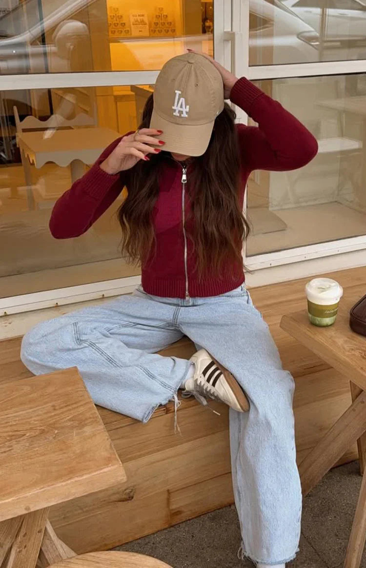 Groove Burgundy Star Zip Up Knit Sweater