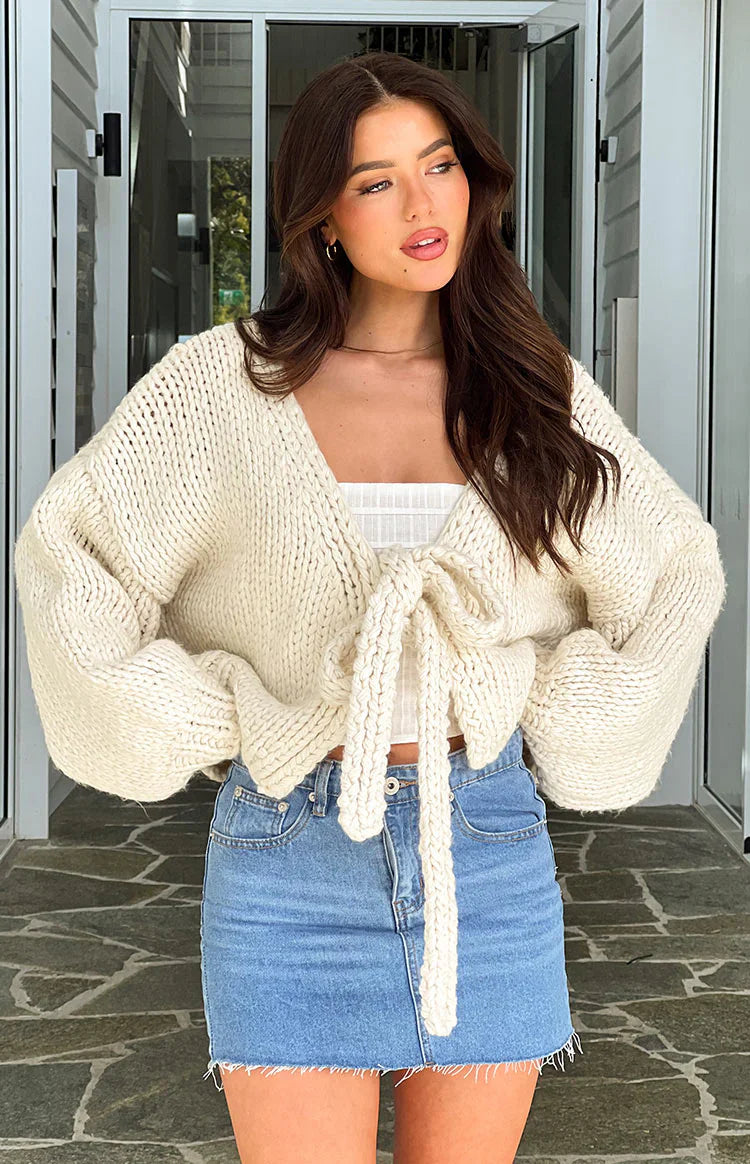 Holiday Cream Tie Up Knit Cardigan