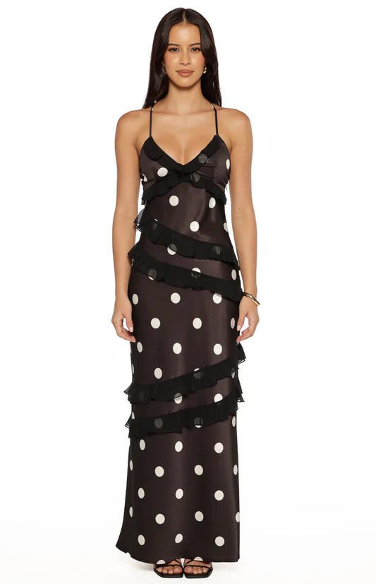 Inara Black Polka Dot Ruffle Maxi Dress