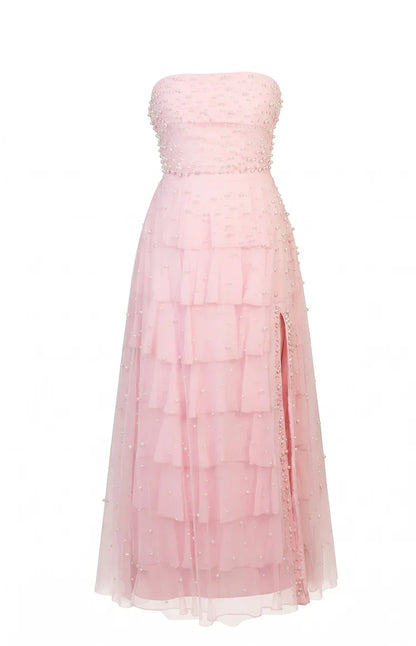 Kim Pink Statement Pearl Strapless Ruffle Maxi Dress - PRE ORDER