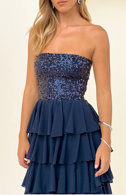 Kimberley Navy Strapless Ruffle Skirt Maxi Dress