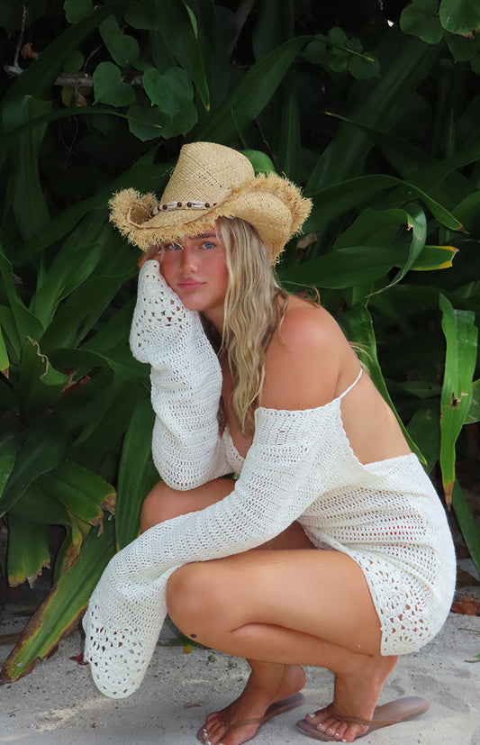 Li White Crochet Long Sleeve Mini Dress