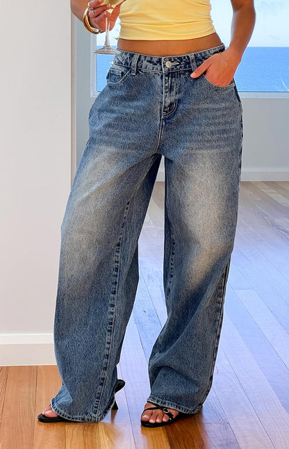 Lovers Lane Mid Wash Denim Heart Pocket Slouchy Jeans