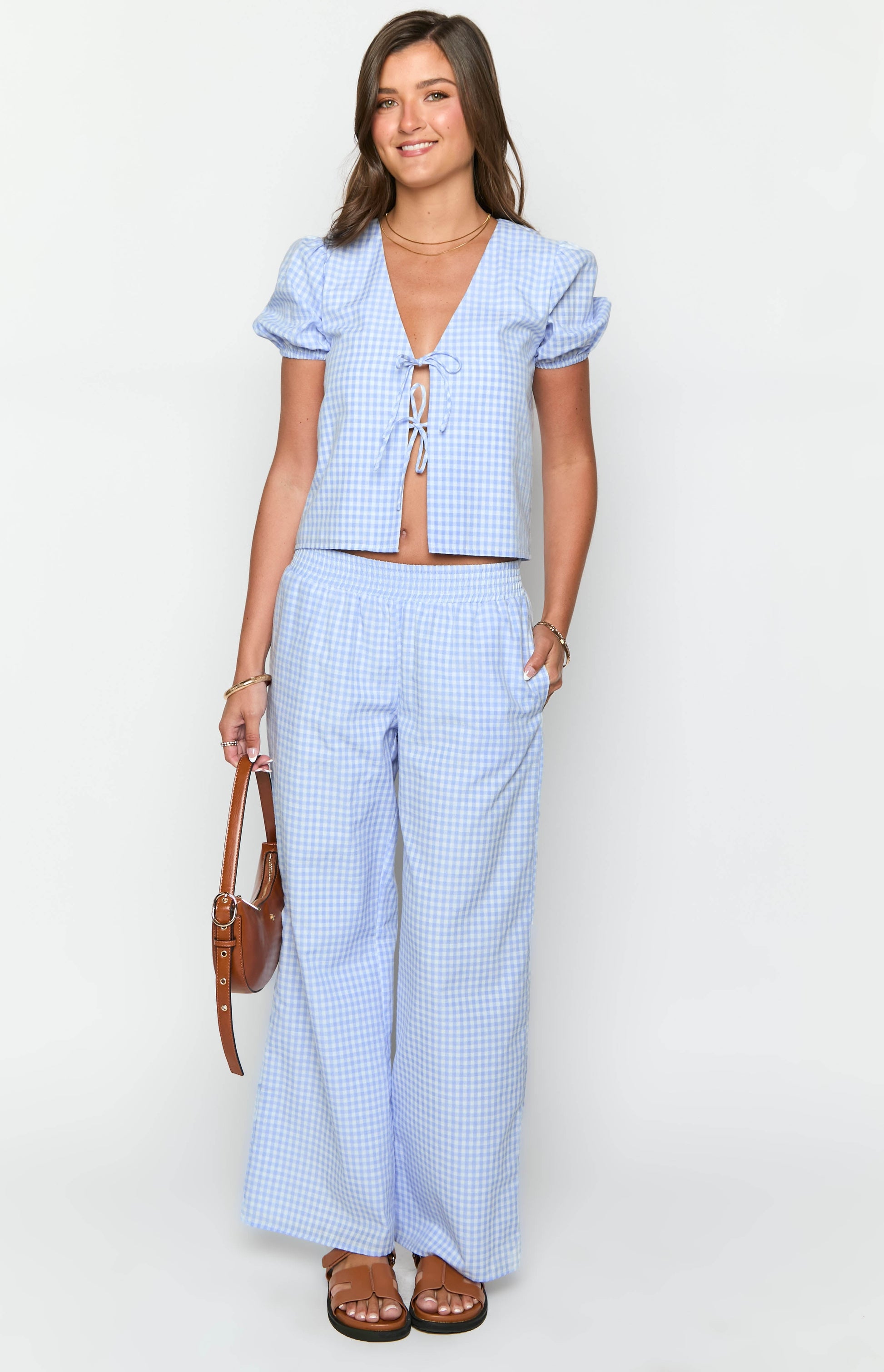 Lunya Blue Gingham Tie Up Top