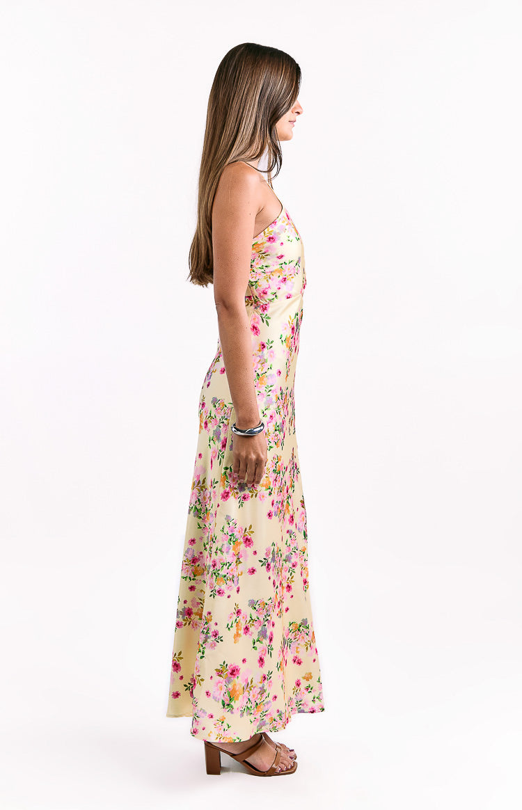 Mellick Yellow Bloom Satin Maxi Dress