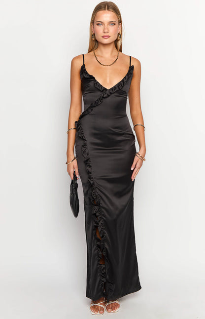 Nahanee Black Satin Ruffle Maxi Dress
