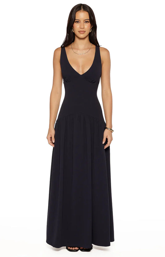 Novi Navy Drop Waist Crepe Maxi Dress