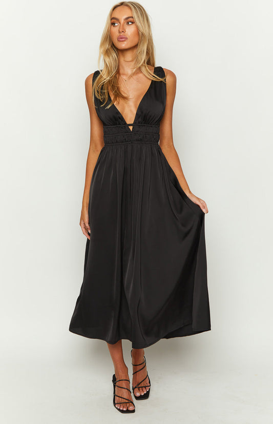 Ophelia Black Satin Maxi Dress