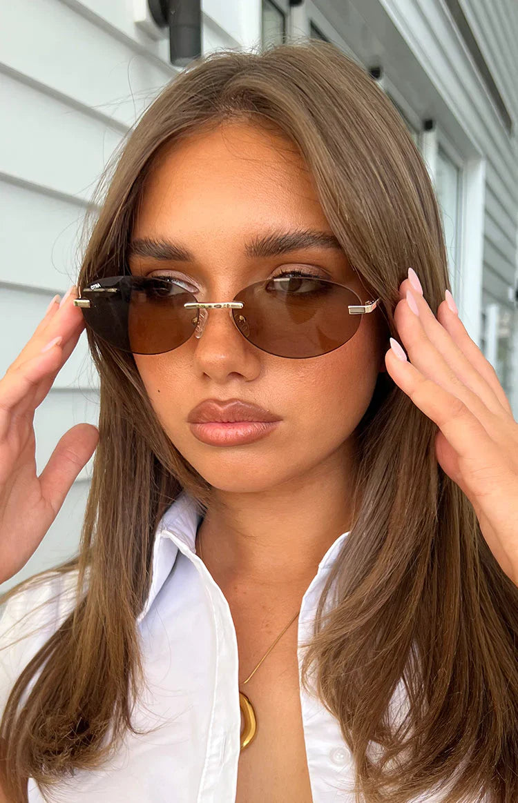 Otra Eyewear Jasmine Brown/Gold Metal Frame Oval Sunglasses