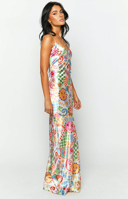 Renesmee Satin Summer Print Maxi Dress