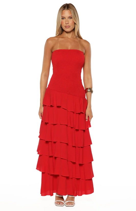 Riles Red Strapless Ruffle Maxi Dress