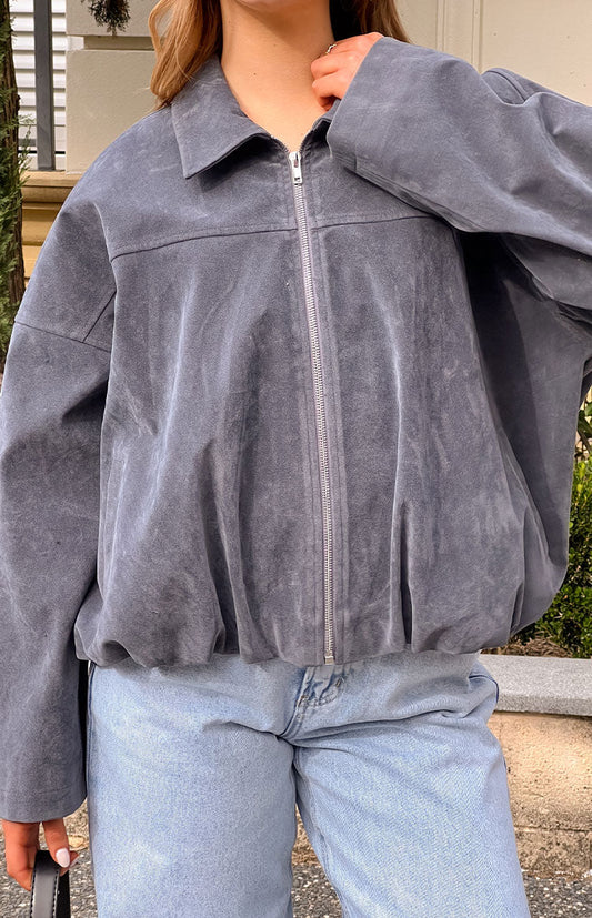 River Steel Grey Suedette Bubble Hem Bomber Jacket