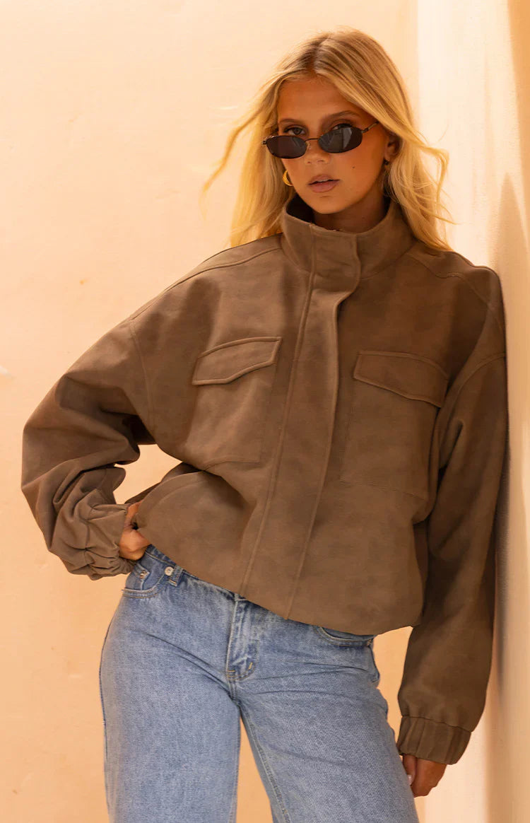 Sapna Brown Oversized Funnel Neck Suedette Jacket