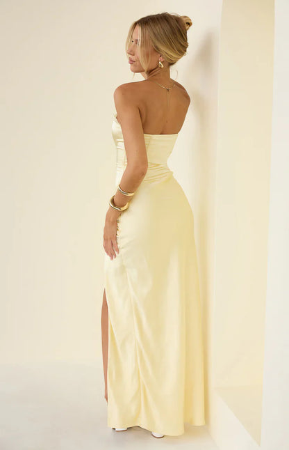 Sasha Yellow Ruched Twist Satin Maxi Dress - PRE ORDER