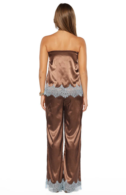 Shirley Lace Trim Brown Satin Pants