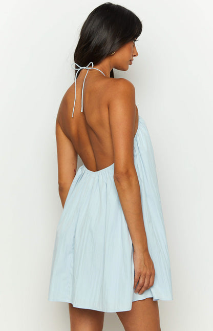 Talei Blue Halter Puff Mini Dress