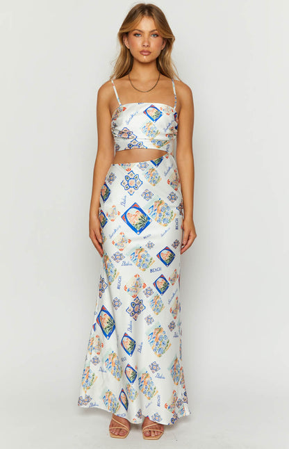 Willa White Satin Italia Print Maxi Dress