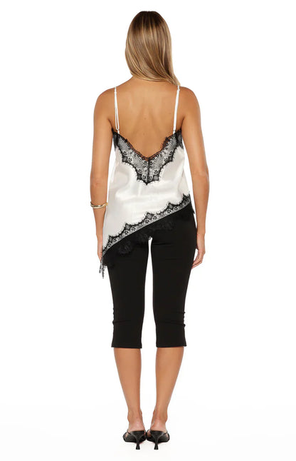 Ziva White Satin Lace Trim Asymmetrical Top