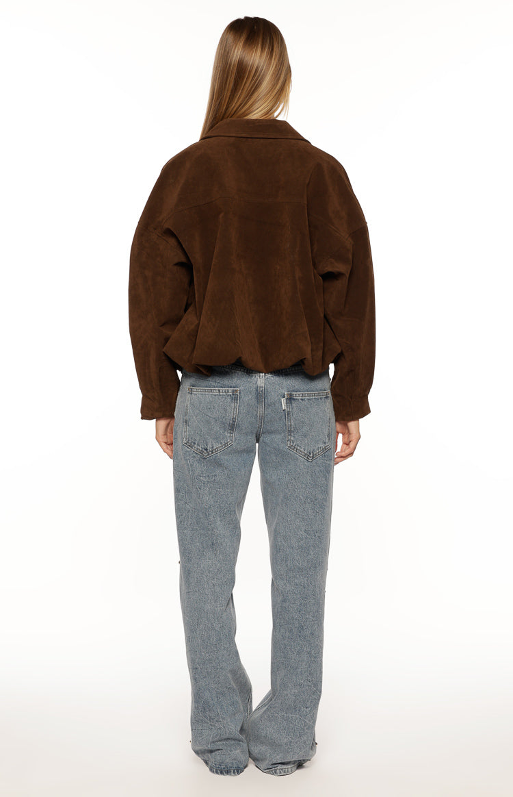 Brookie Brown Suedette Cuff Sleeve Bomber Jacket