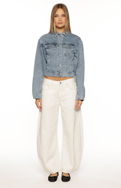 Elana Mid Wash Cinched Waist Denim Jacket