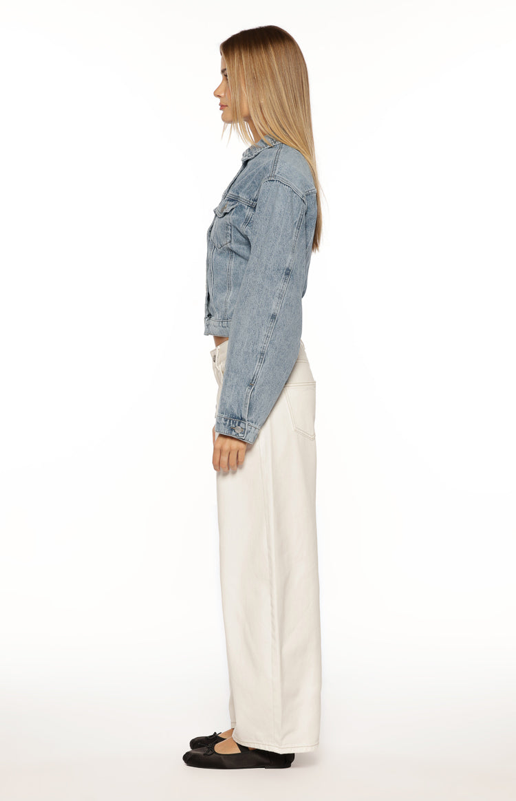 Elana Mid Wash Cinched Waist Denim Jacket