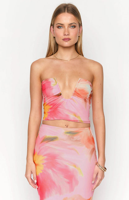 Esha Pink Floral Strapless Crop Top