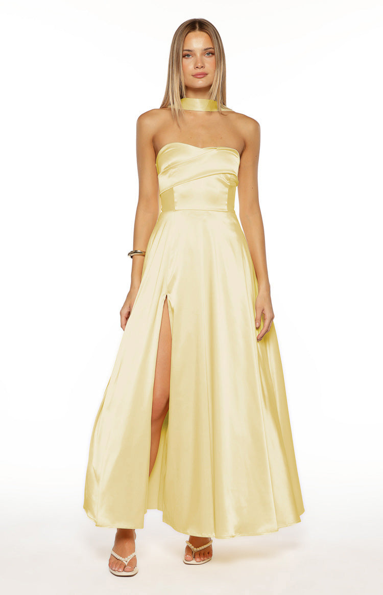 Lucy Yellow Strapless Satin Formal Maxi Dress