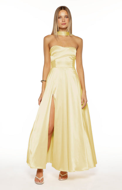 Lucy Yellow Strapless Satin Formal Maxi Dress